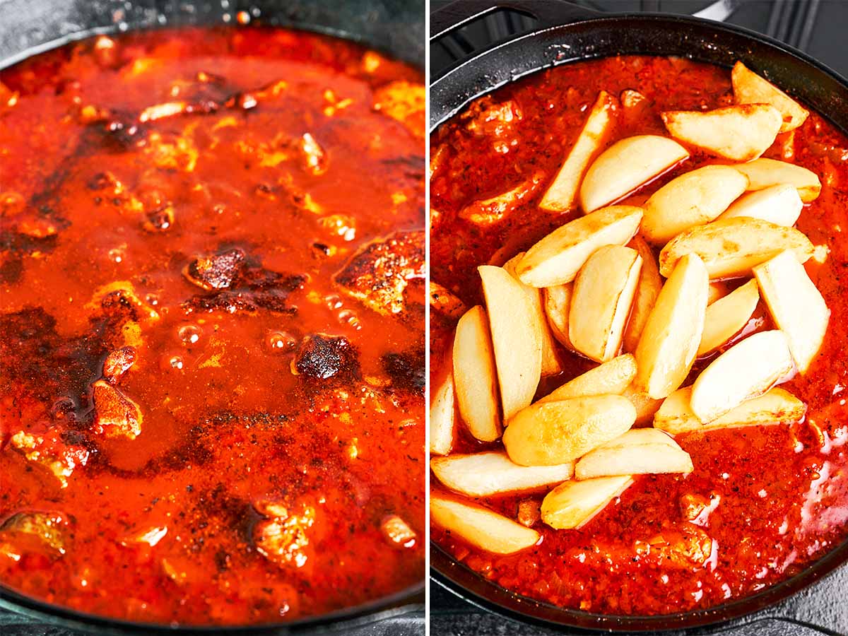Golden potato wedges added to the simmered pork and rich tomato-pickle sauce to finish cooking until tender.