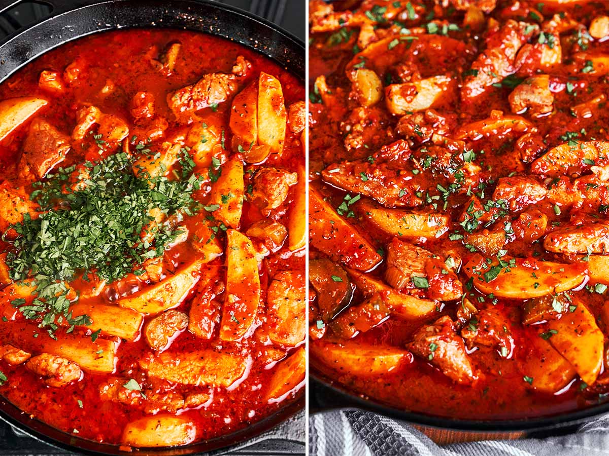Finished pork stew with tender potato wedges and pork pieces coated in a rich tomato-pickle sauce, topped with fresh parsley.
