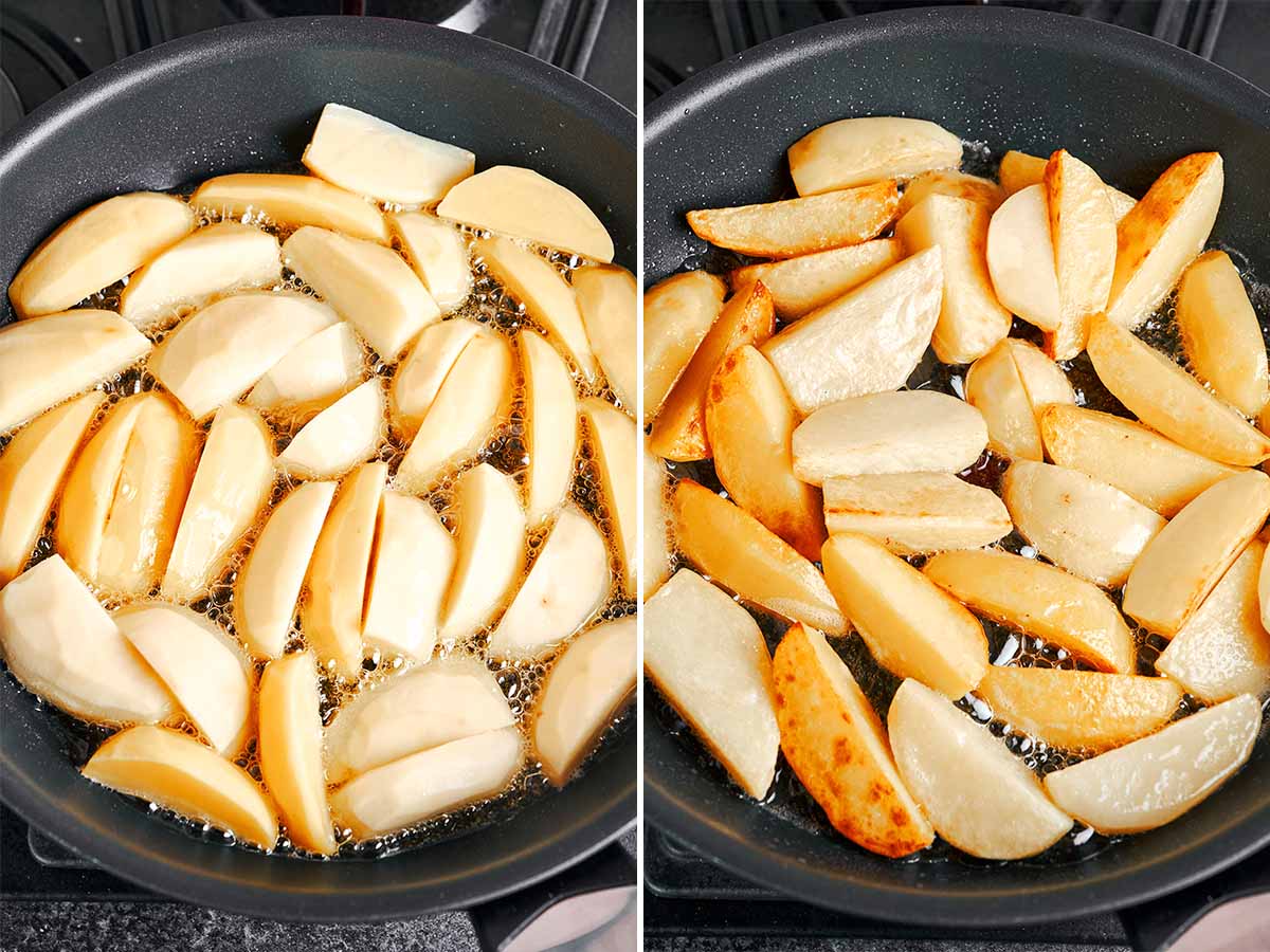 Potato wedges frying over high heat until lightly golden around the edges before finishing in the tomato sauce.