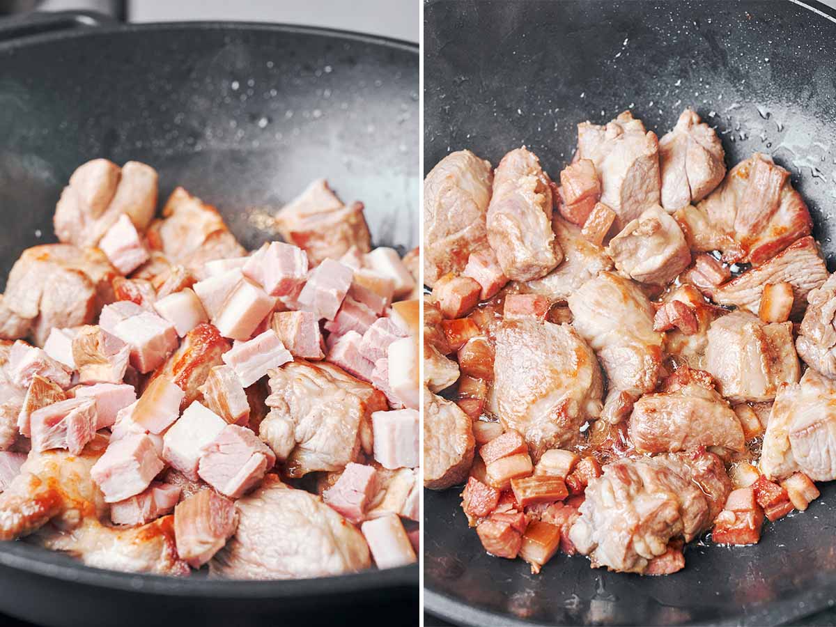 Diced bacon added to the browned pork, then cooked until golden and sizzling in the wok.