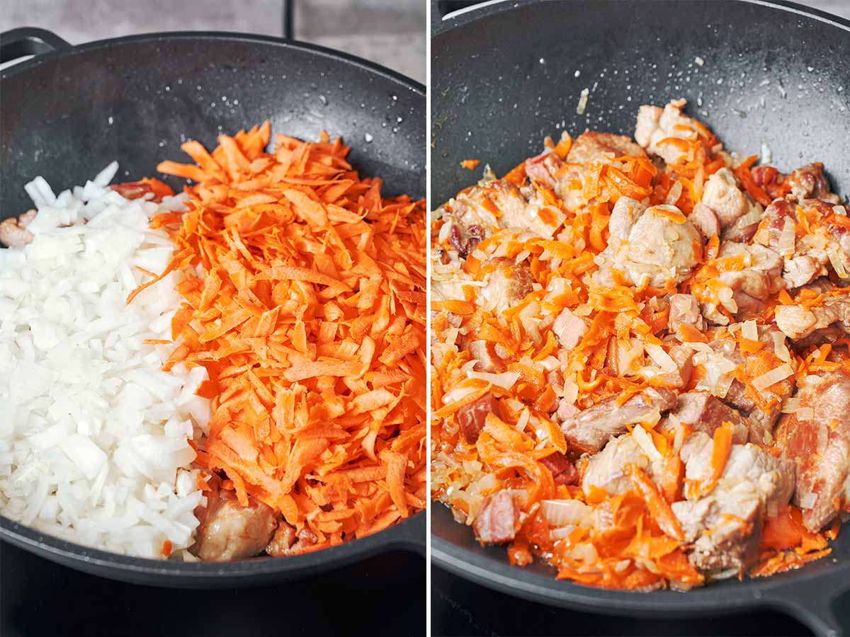 Chopped onion and grated carrot added to the pork and bacon, then cooked together until softened.