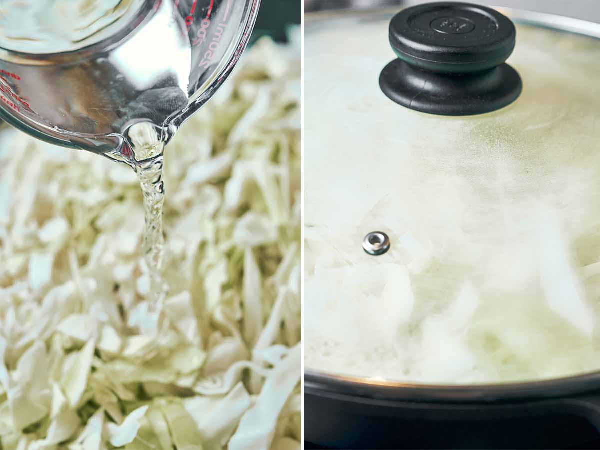 Water poured over the shredded cabbage before covering the wok and letting it gently steam down.
