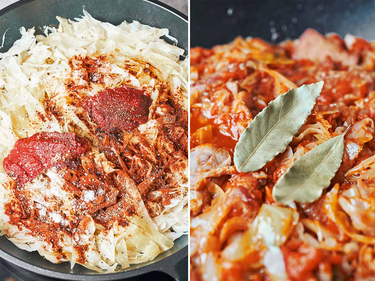 Tomato paste and warm spices stirred into the softened cabbage, with bay leaves added before the final braise.