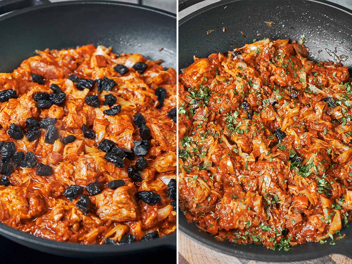 Chopped prunes folded into the tender pork and cabbage, then finished with fresh parsley after the sauce thickens.