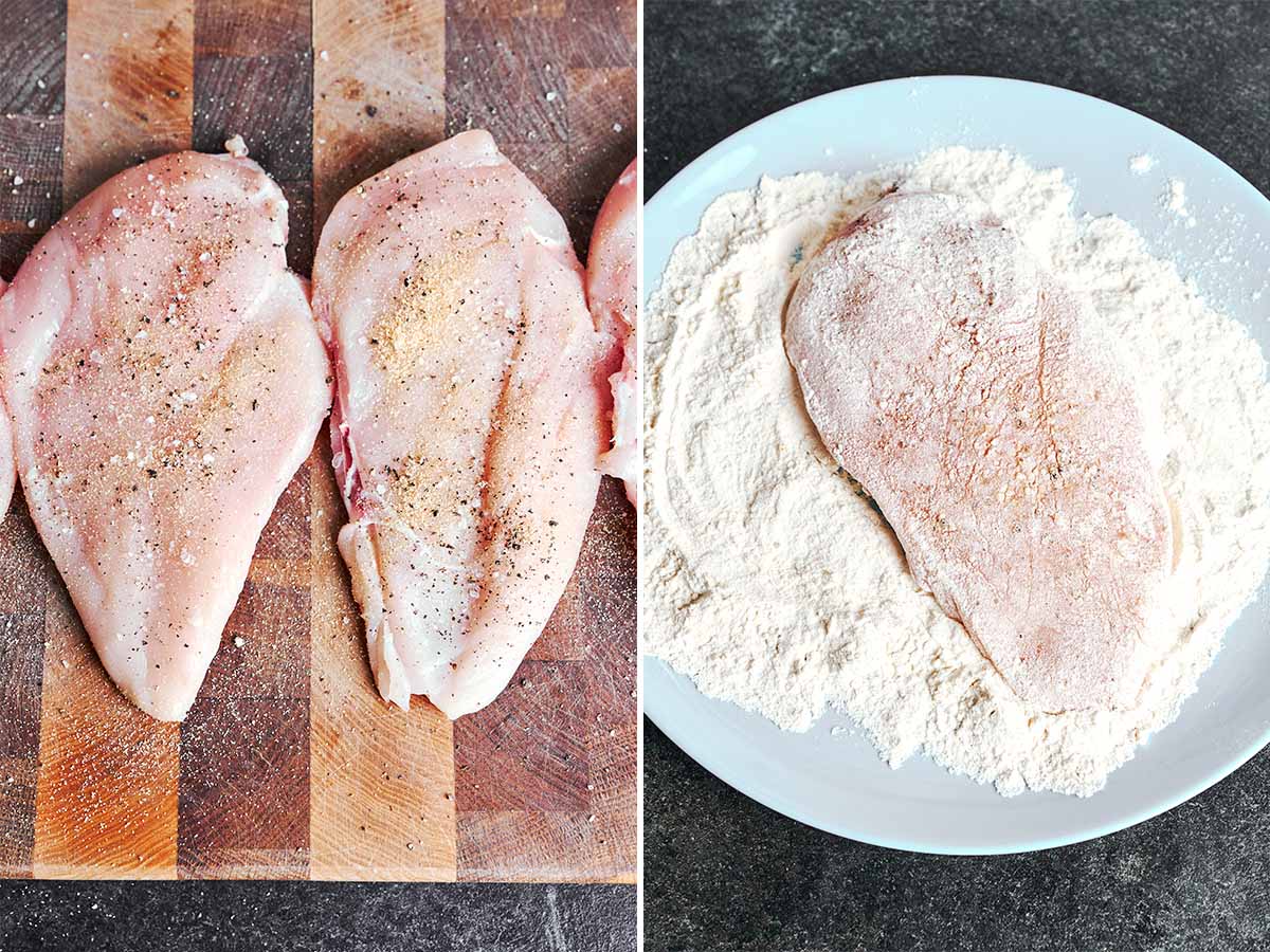 Thin chicken cutlets seasoned with salt, pepper, and garlic powder before a light flour coating