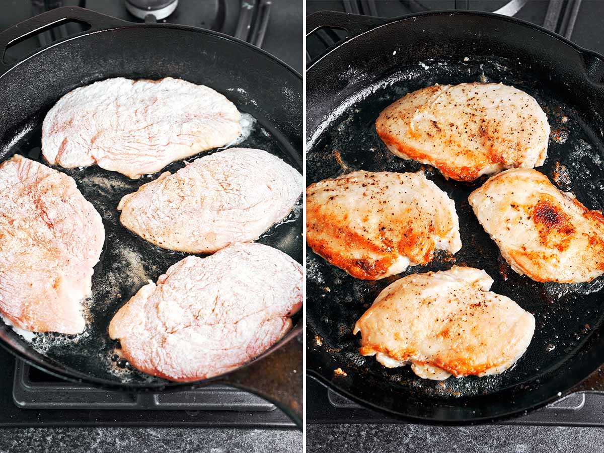 Chicken cutlets searing in a hot skillet until lightly golden on both sides
