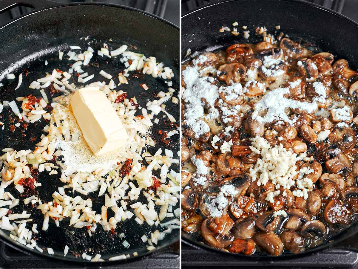 Golden mushrooms and softened onions in the skillet with garlic and flour for a smooth sauce