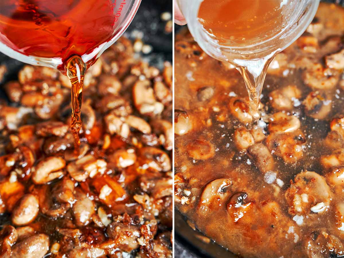Marsala wine and chicken broth being poured into golden mushrooms to build the skillet sauce