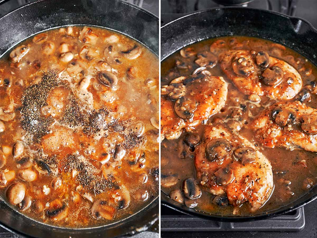Chicken cutlets returned to the skillet with mushrooms and a rich Marsala sauce