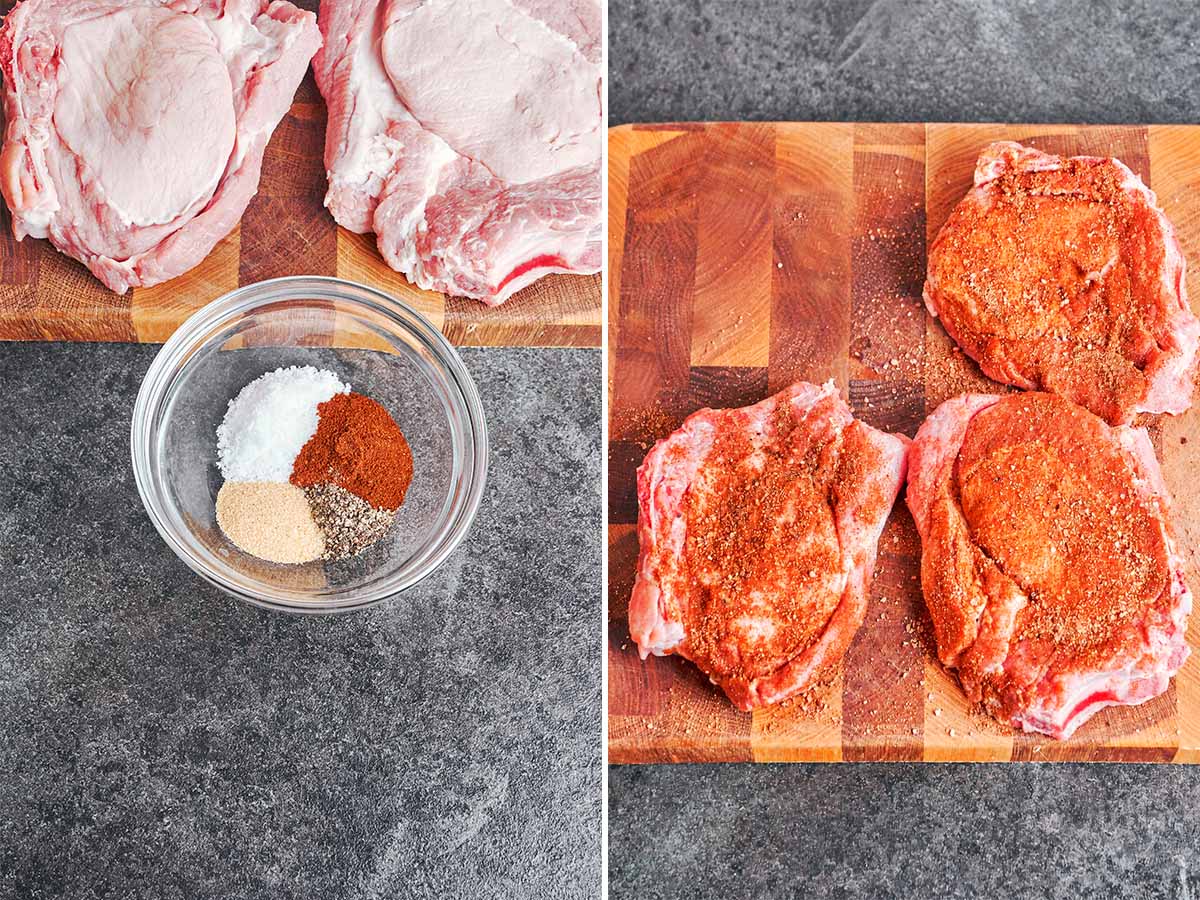 Bone-in pork chops with the paprika seasoning blend, then evenly seasoned on both sides and ready for the skillet