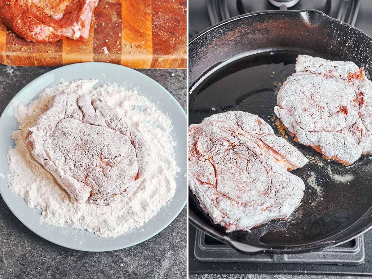 Seasoned pork chops lightly dredged in flour, then placed in a hot cast-iron skillet to start browning