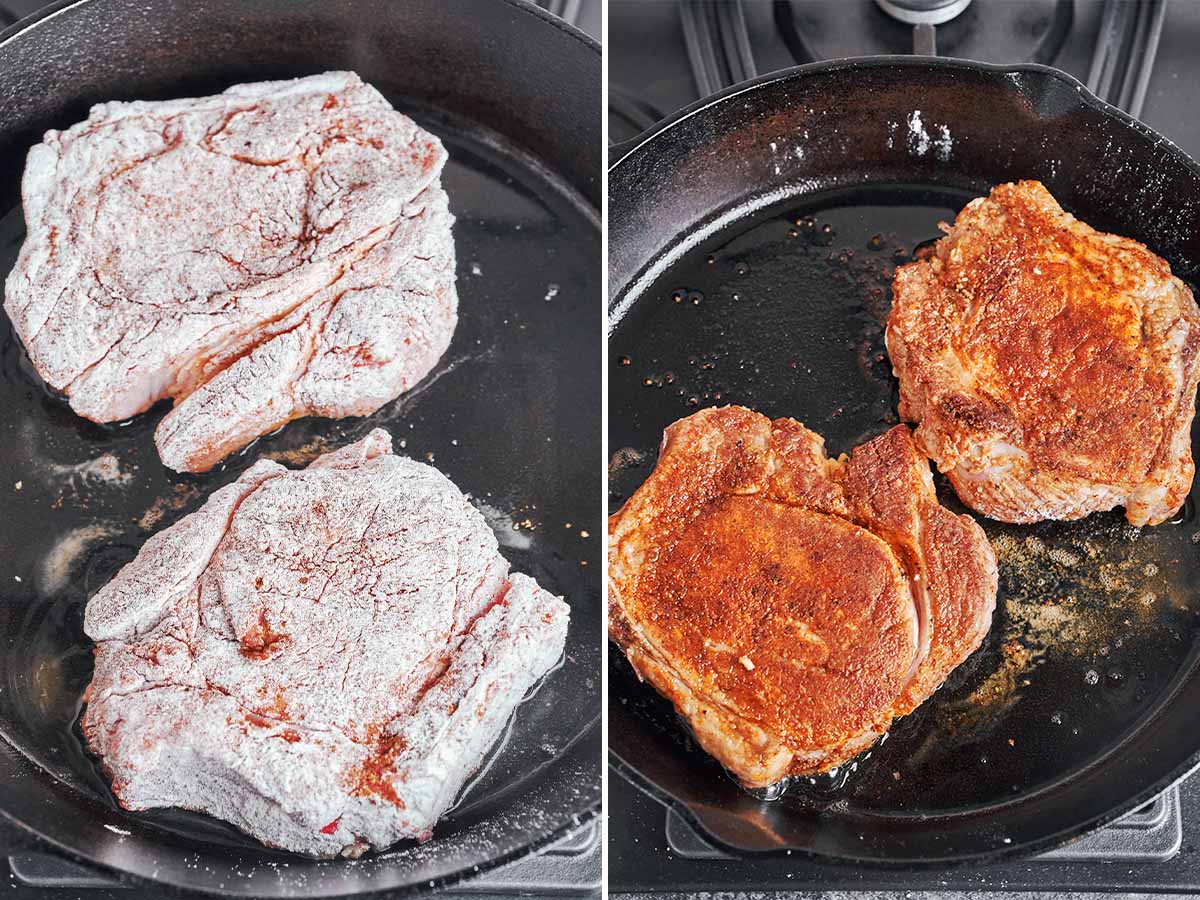 Flour-coated pork chops searing in a cast-iron skillet, then flipped once a deep golden crust forms