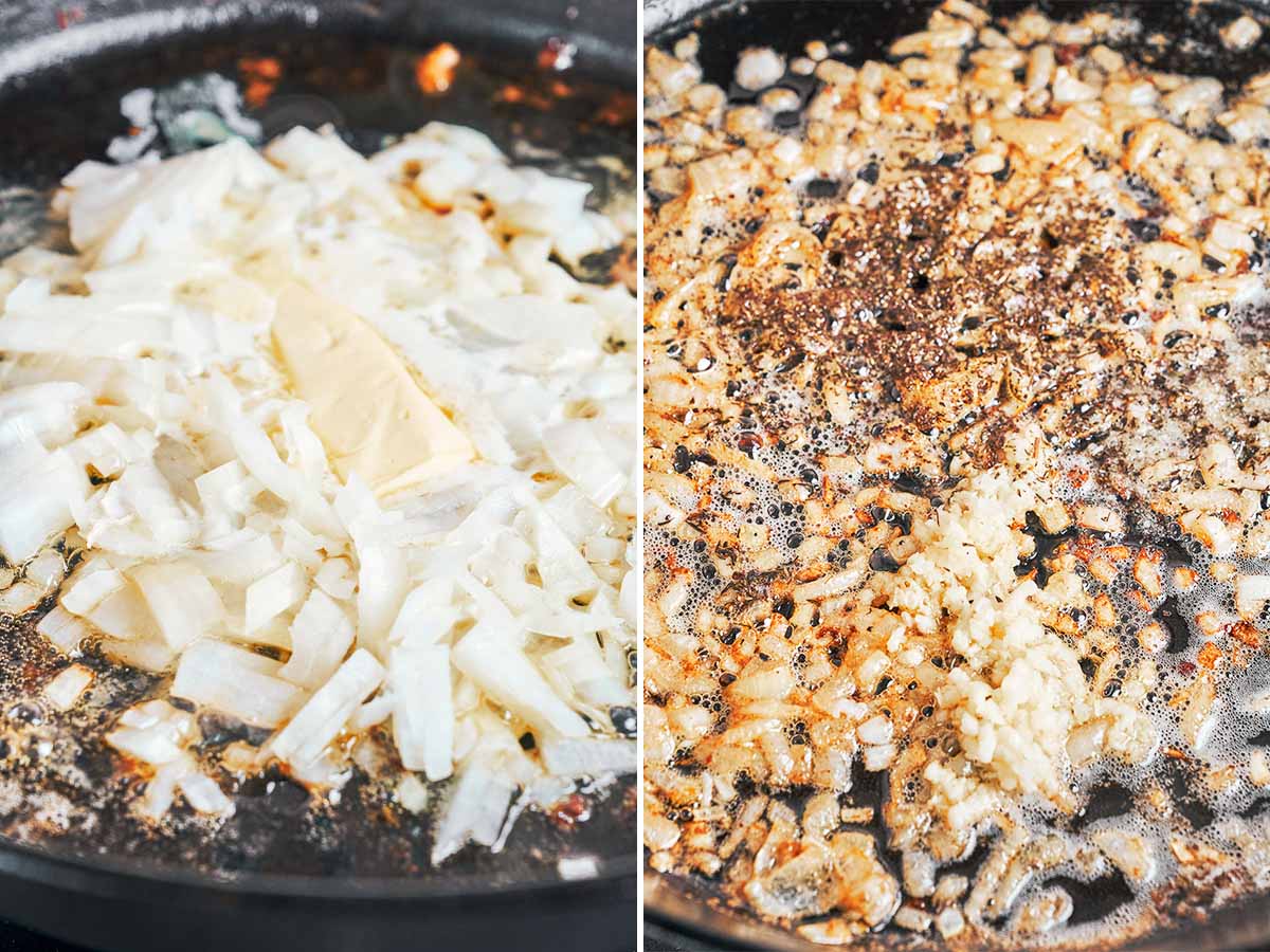 Chopped onion softening in butter, then finished with garlic and thyme until fragrant and lightly golden
