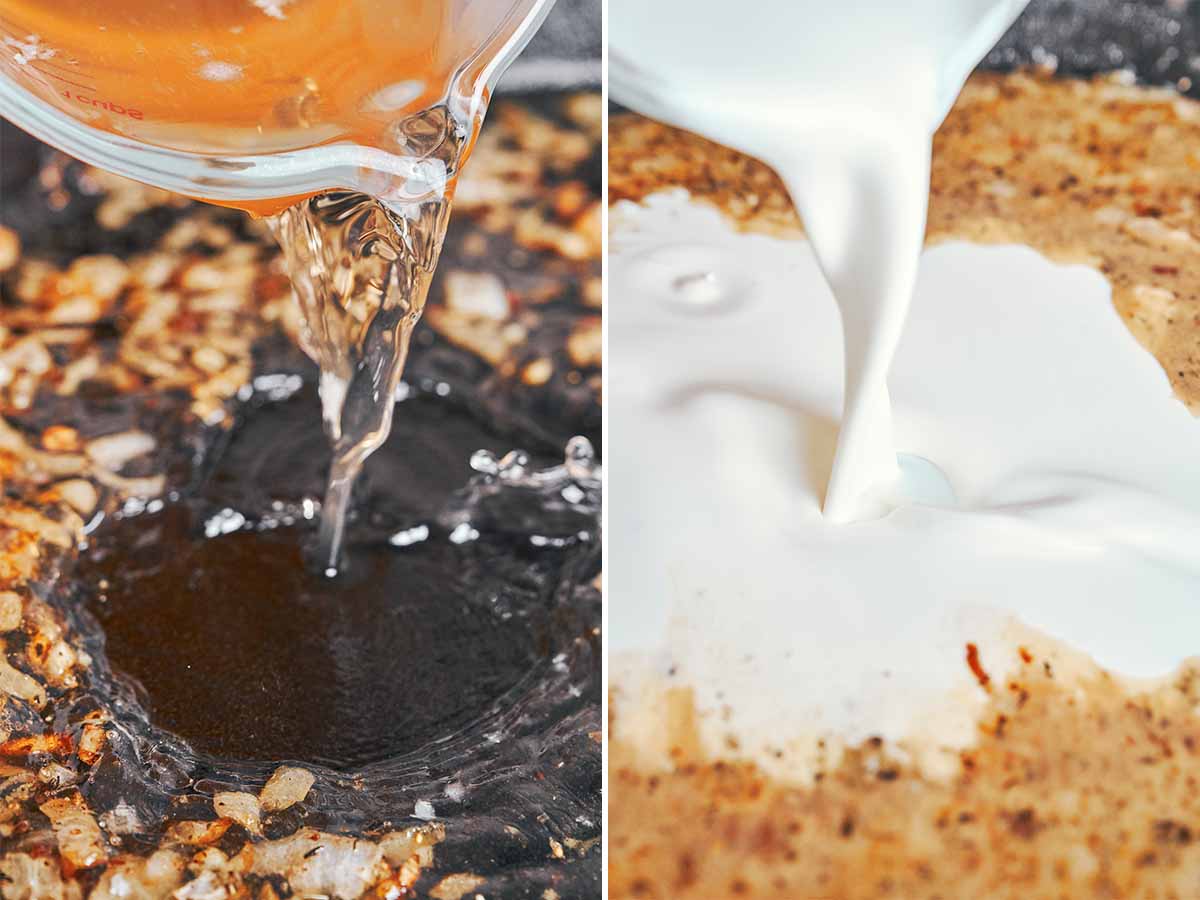 Chicken broth loosening the browned bits in the skillet, followed by heavy cream to create a smooth sauce