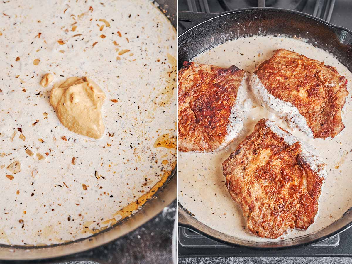 Dijon mustard stirred into the creamy skillet sauce, then the golden pork chops returned to finish cooking