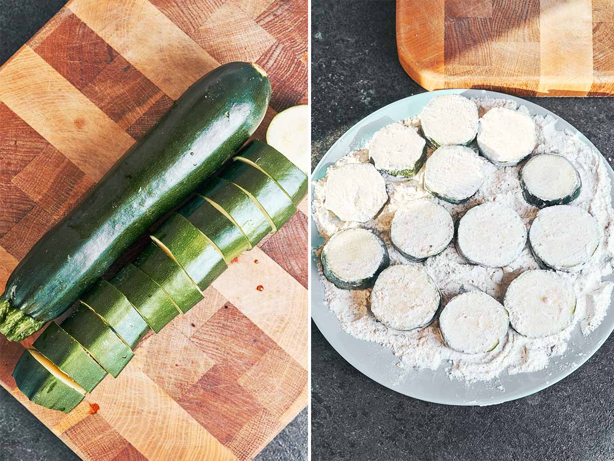 Thick zucchini rounds sliced on a wooden board and lightly coated in flour, ready for the skillet.