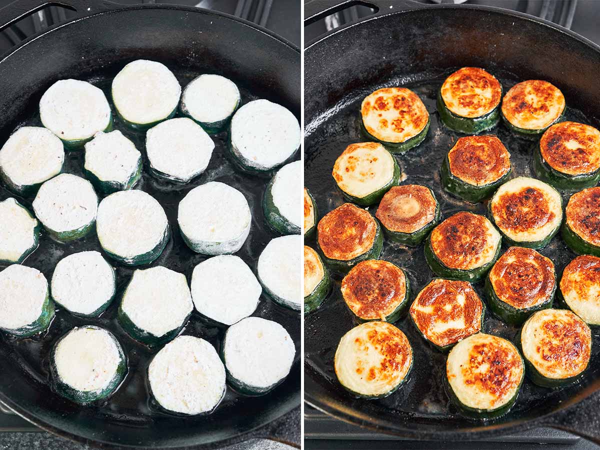 Flour-coated zucchini rounds sizzling in a cast-iron skillet, then flipped until deeply golden on both sides.