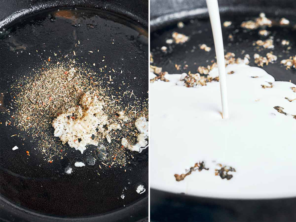 Minced garlic and Italian seasoning sizzling in the skillet as heavy cream is poured in to start the sauce.