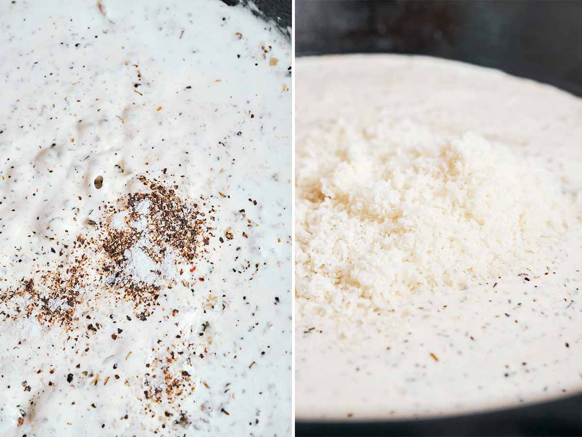 Cream sauce seasoned with salt and black pepper, then finished with grated Parmesan until rich and silky.