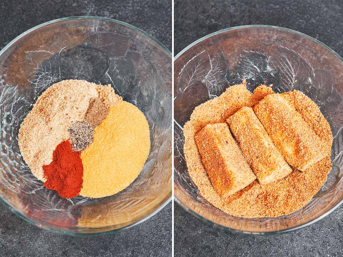 Seasoned breadcrumb and cornmeal mixture with zucchini wedges being coated before they go onto the baking sheet.