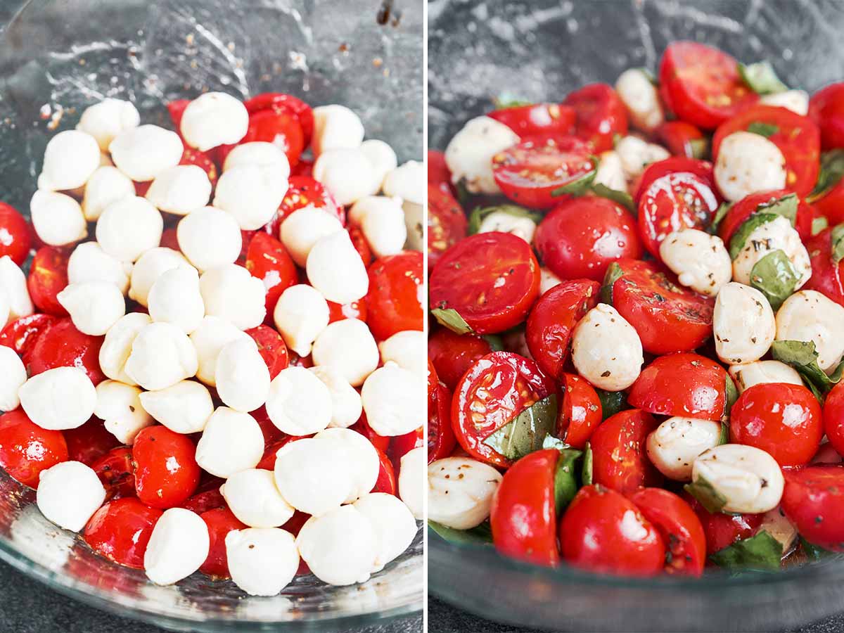 Fresh mozzarella added to the seasoned cherry tomatoes, then gently tossed with torn basil