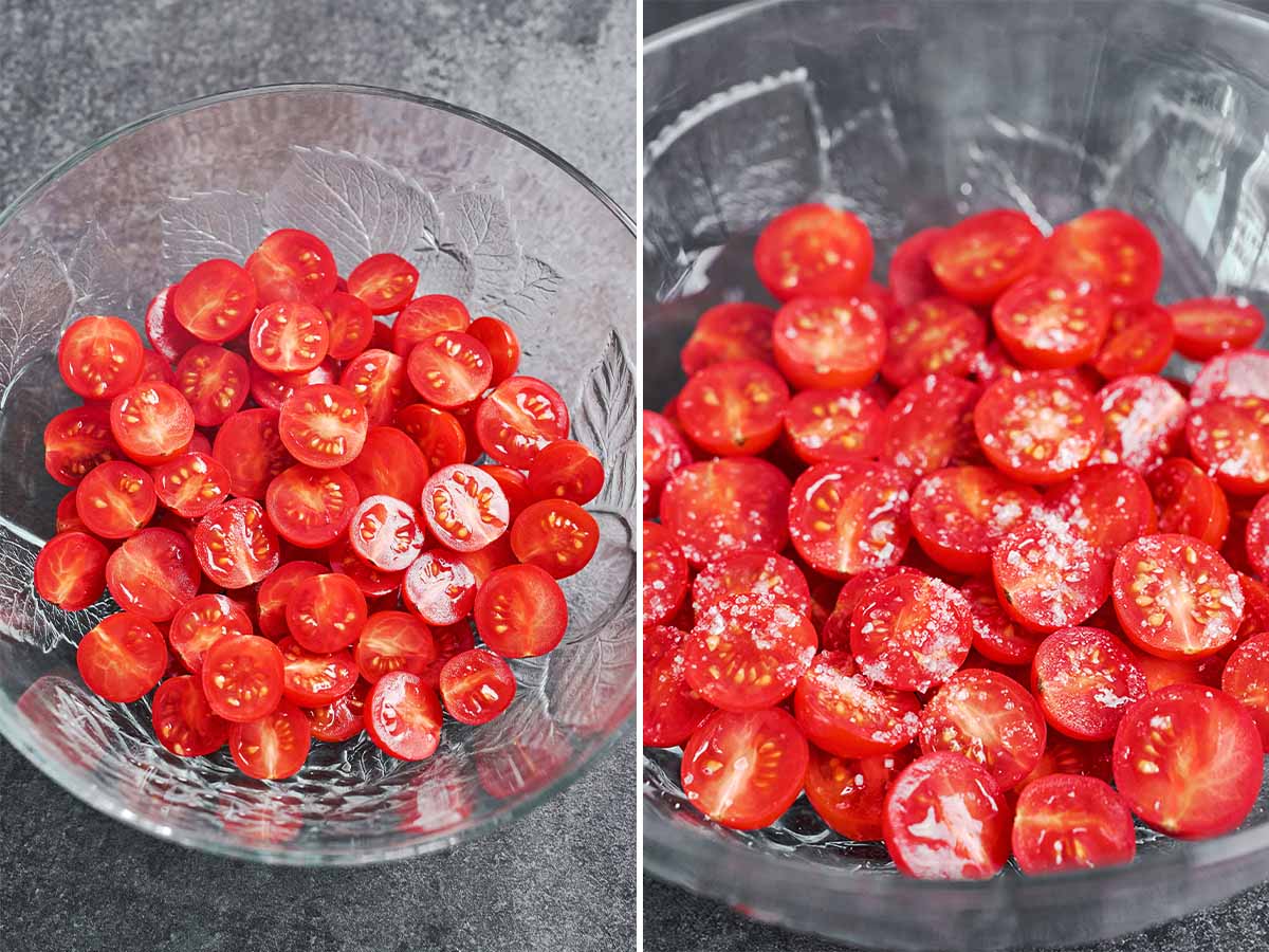 Halved cherry tomatoes lightly salted and resting before the dressing is added