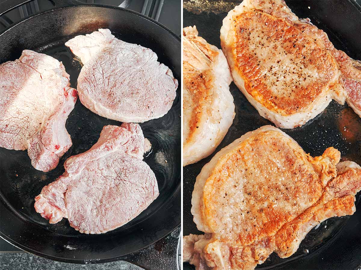 Flour-dusted pork chops searing in a hot skillet, then browned until golden on both sides.