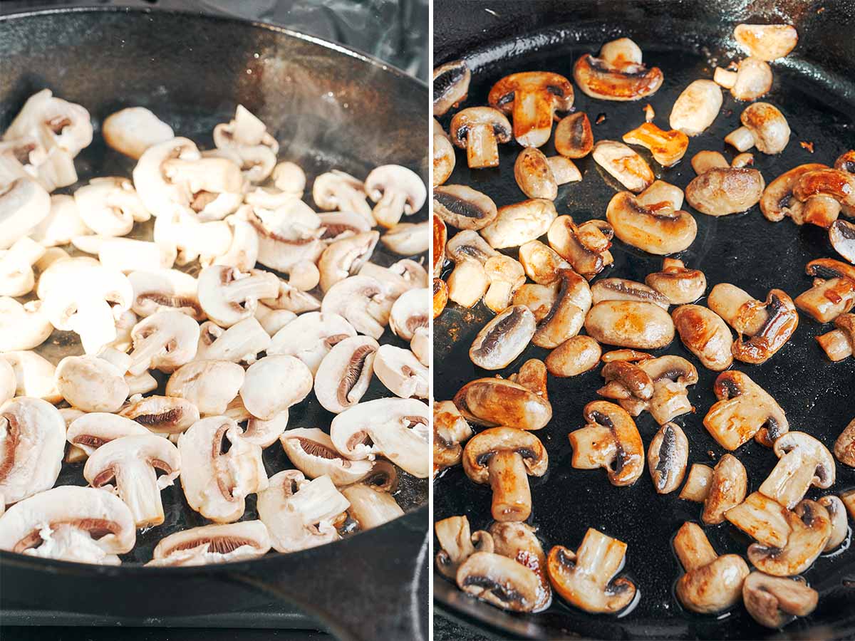 Sliced mushrooms cooking in the skillet until their moisture cooks off and the edges turn beautifully golden.