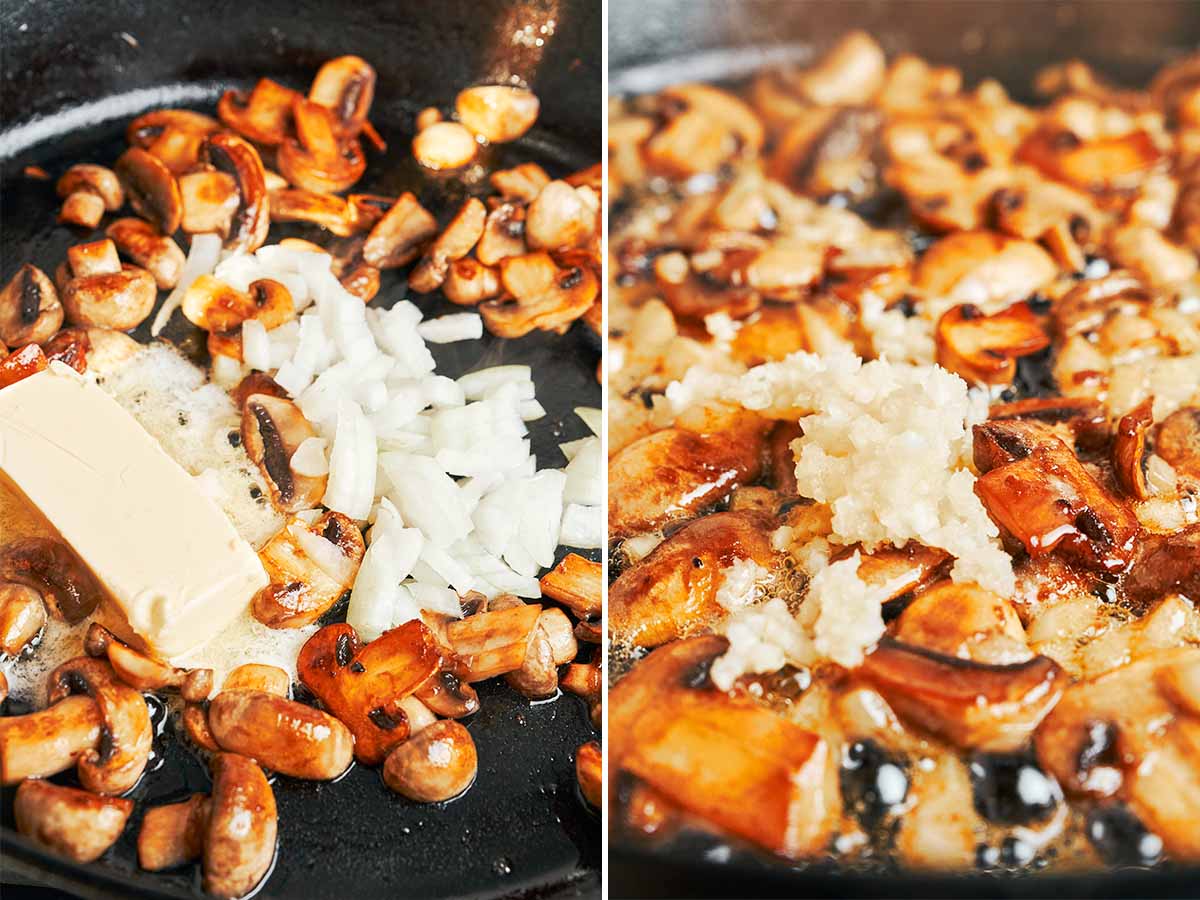 Golden mushrooms with butter and chopped onion in the skillet, followed by fresh garlic for the savory base of the sauce.
