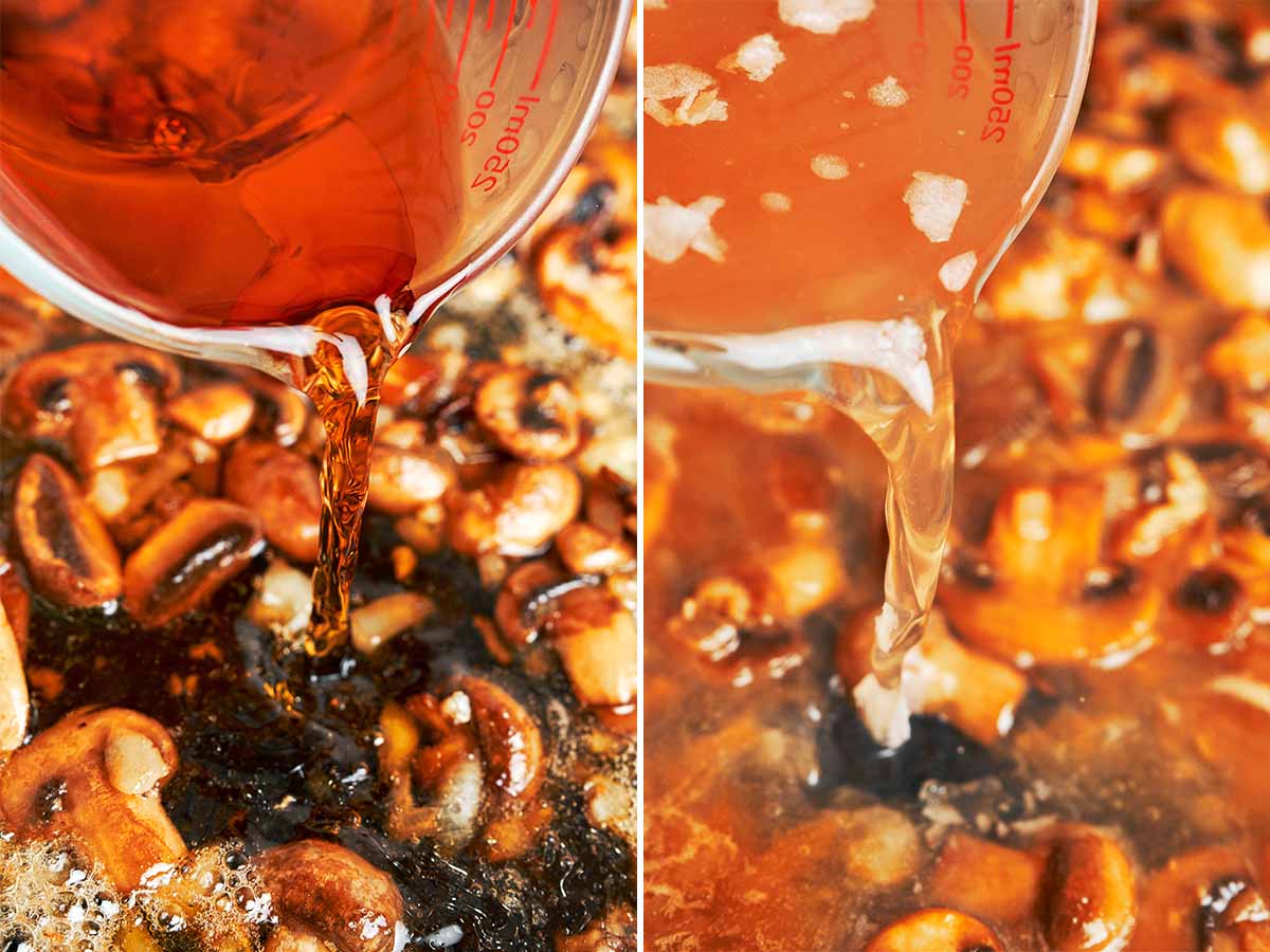 Marsala wine poured over the browned mushrooms, followed by chicken broth to build the savory pan sauce.