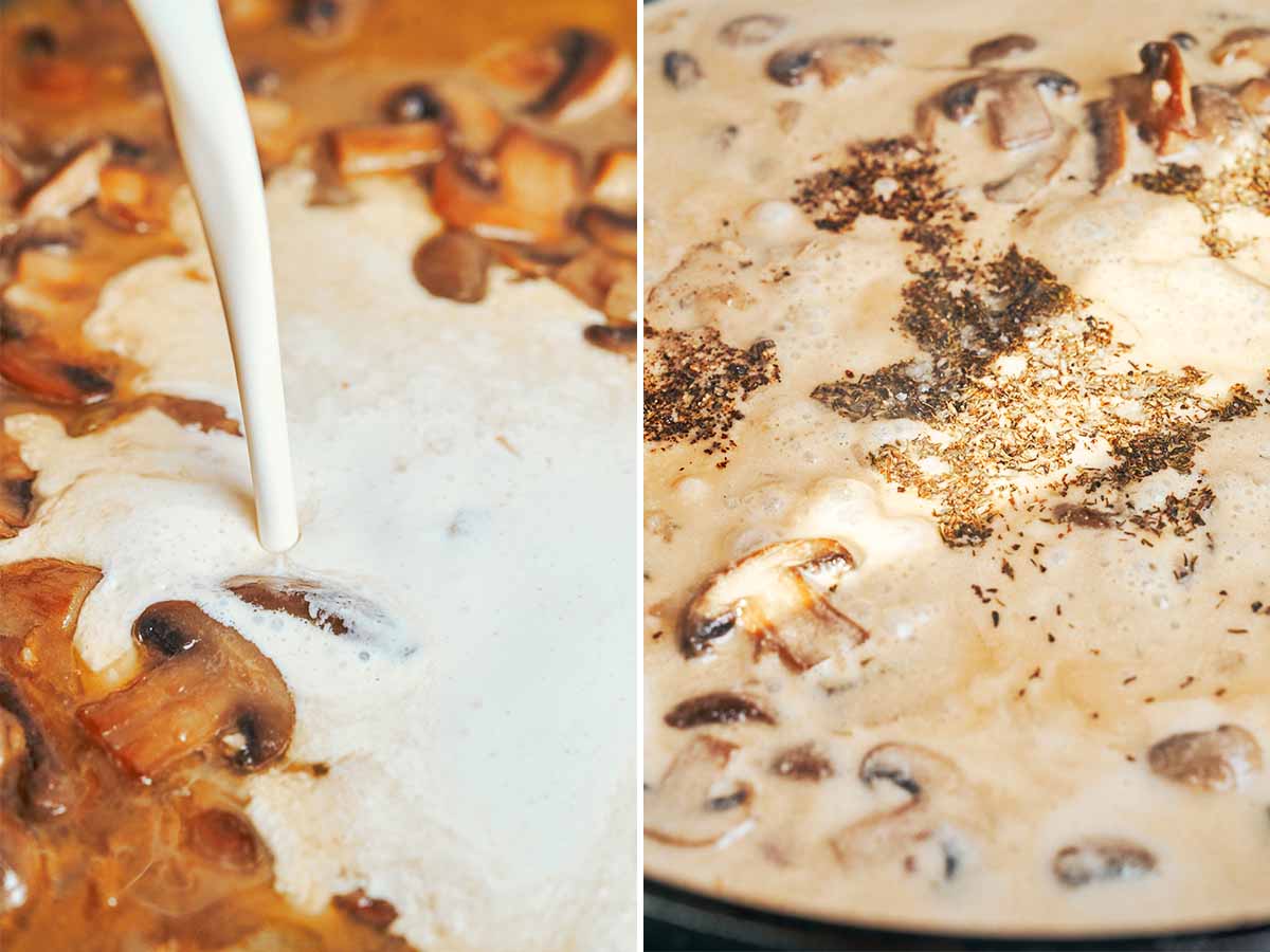 Heavy cream stirred into the mushroom Marsala sauce, then seasoned with thyme as the sauce turns smooth and creamy.