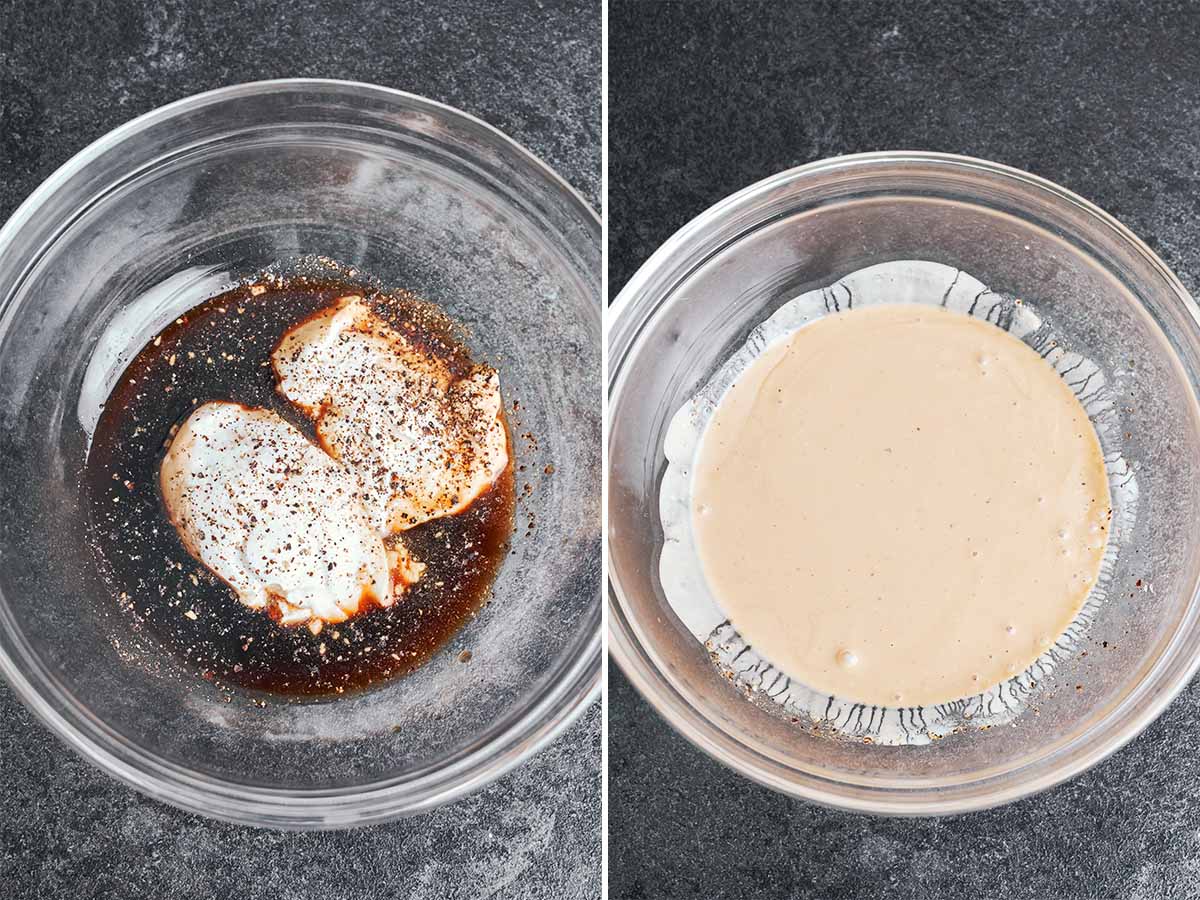 Soy sauce and sour cream seasoned with salt and black pepper, then whisked into a smooth, creamy sauce for the chicken.