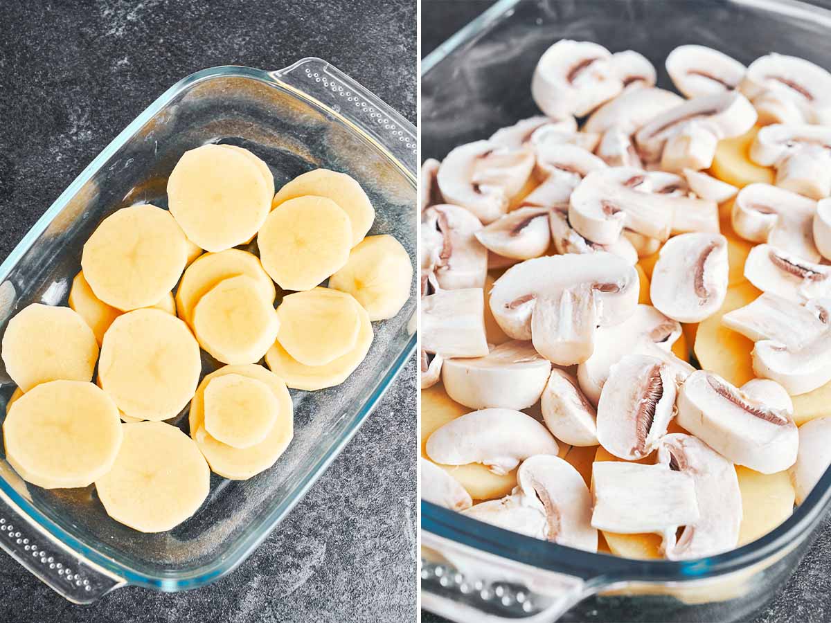 Thin potato slices layered in the baking dish and topped with plenty of fresh sliced mushrooms.