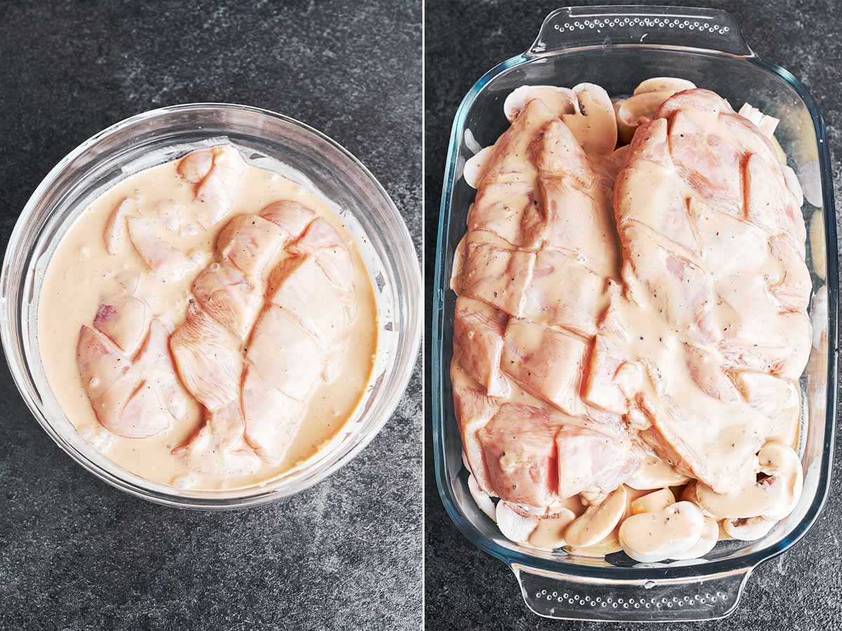 Chicken breasts coated in the creamy soy sauce mixture, then nestled over the potatoes and mushrooms in the baking dish.