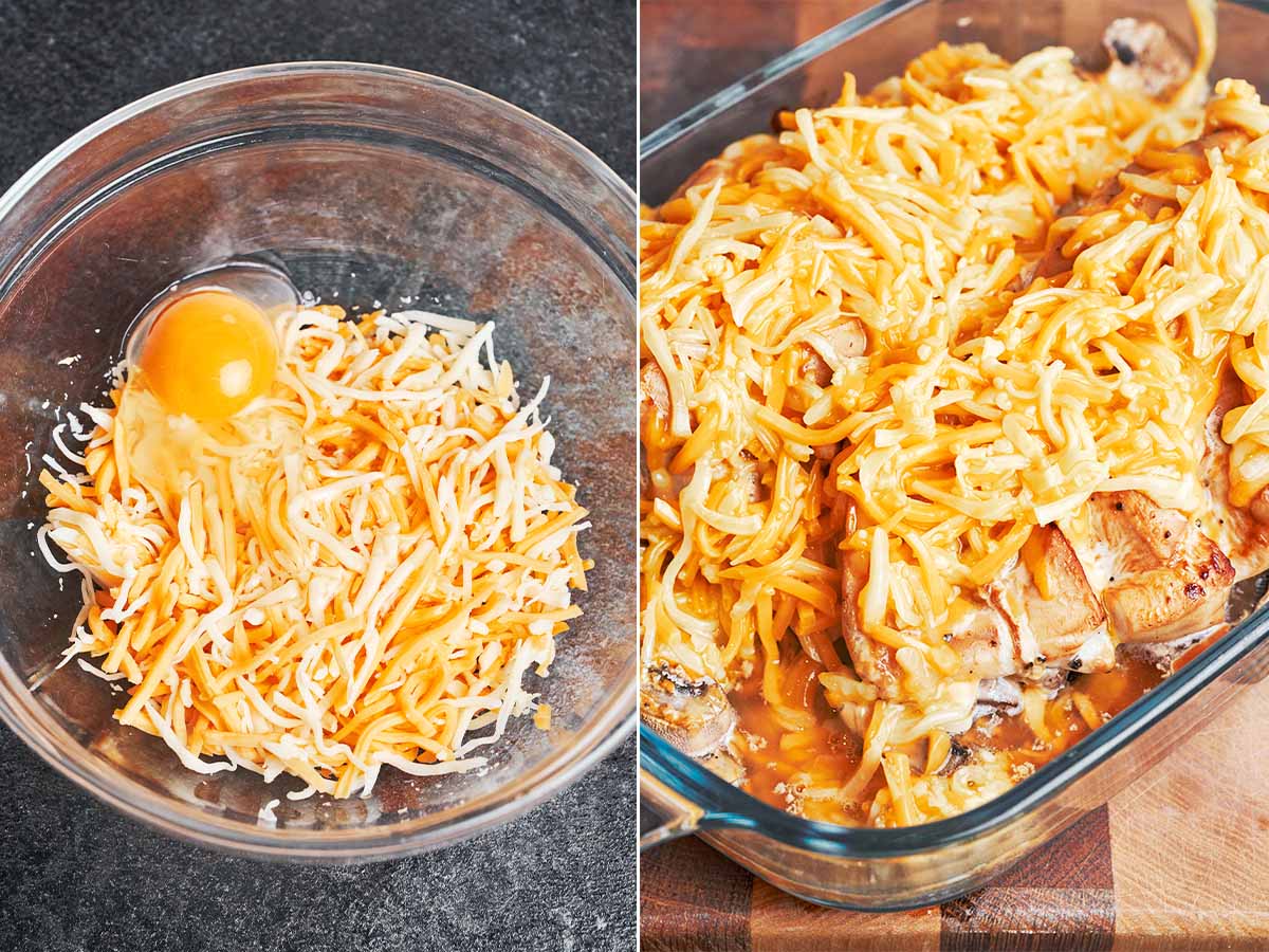 Mozzarella and cheddar mixed with an egg, then spooned over the baked chicken for a rich, golden finish.