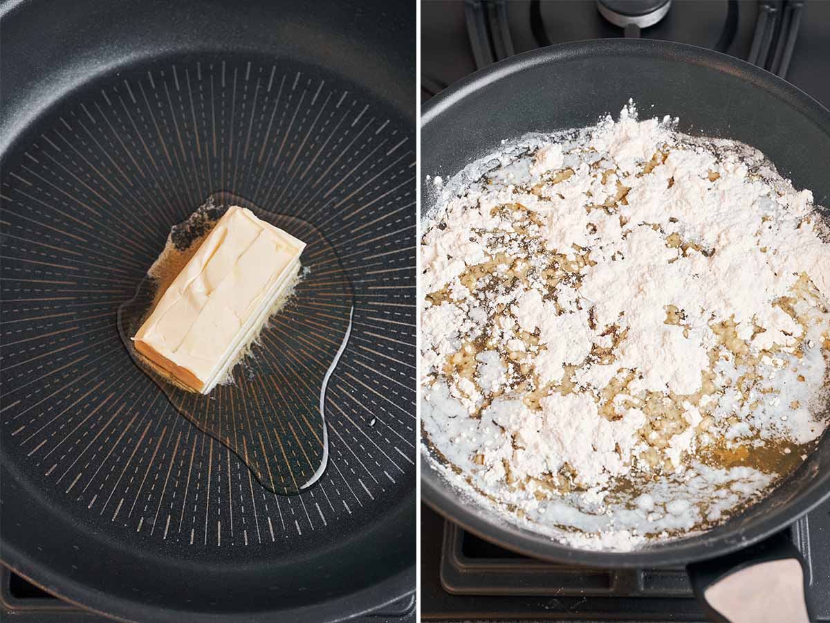 Butter melting with vegetable oil in the skillet, followed by flour added to start the smooth roux.