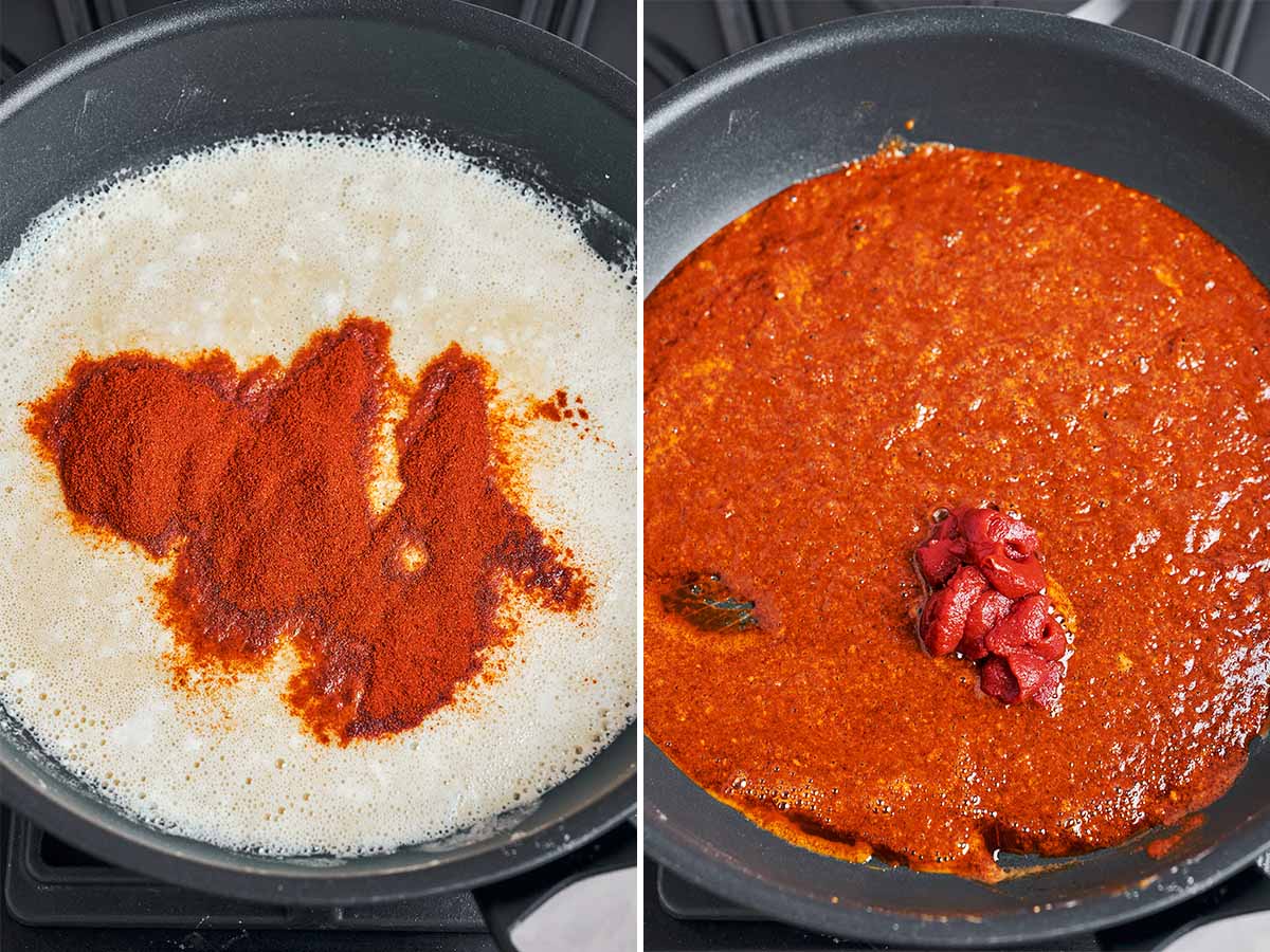 Chili powder and paprika stirred into the warm roux, then tomato paste added as the sauce turns deep red and fragrant.