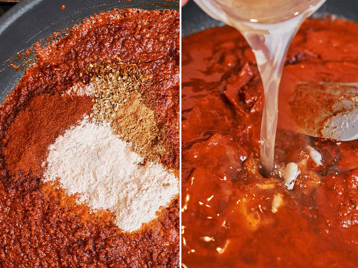 The remaining seasonings added to the spiced roux, followed by chicken stock poured in to loosen the sauce.