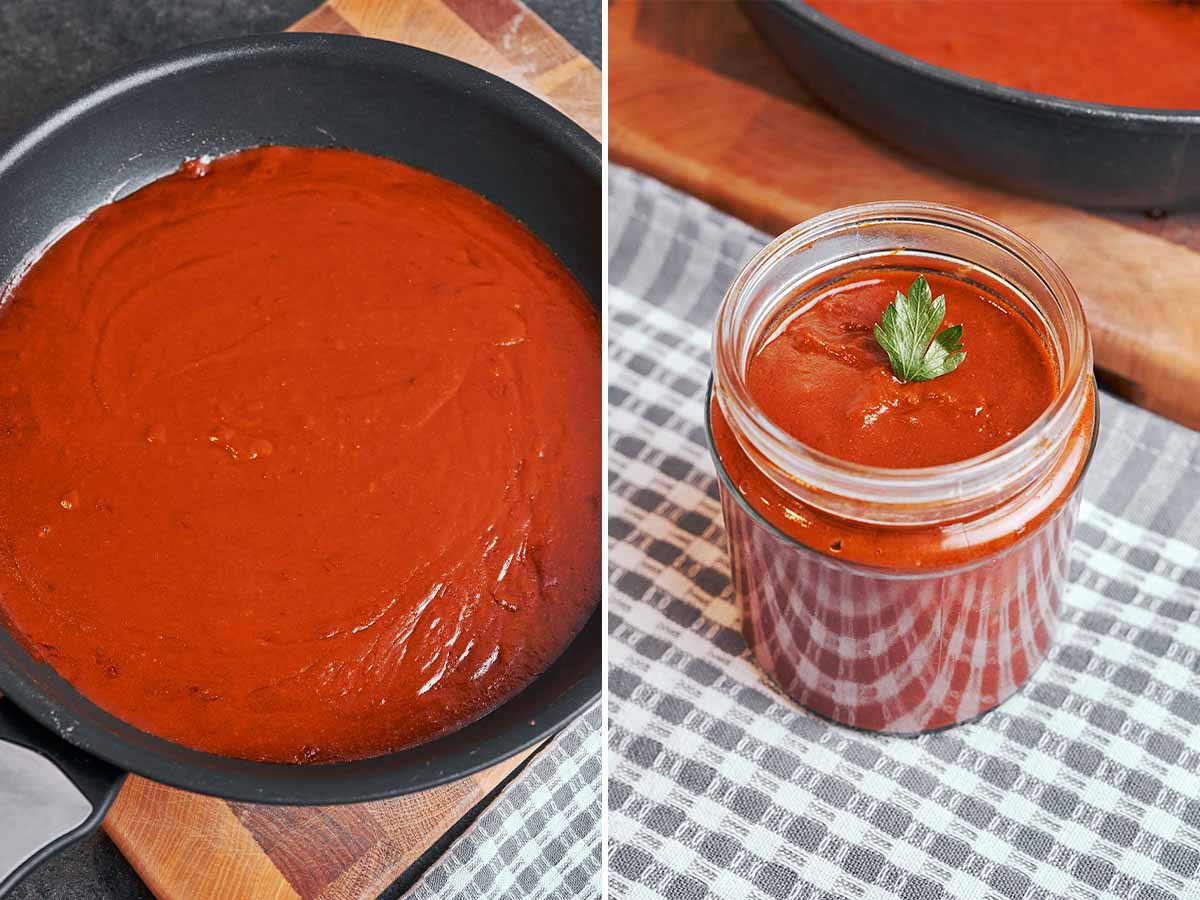 Smooth, glossy enchilada sauce finished in the skillet, then spooned into a small jar ready to use.