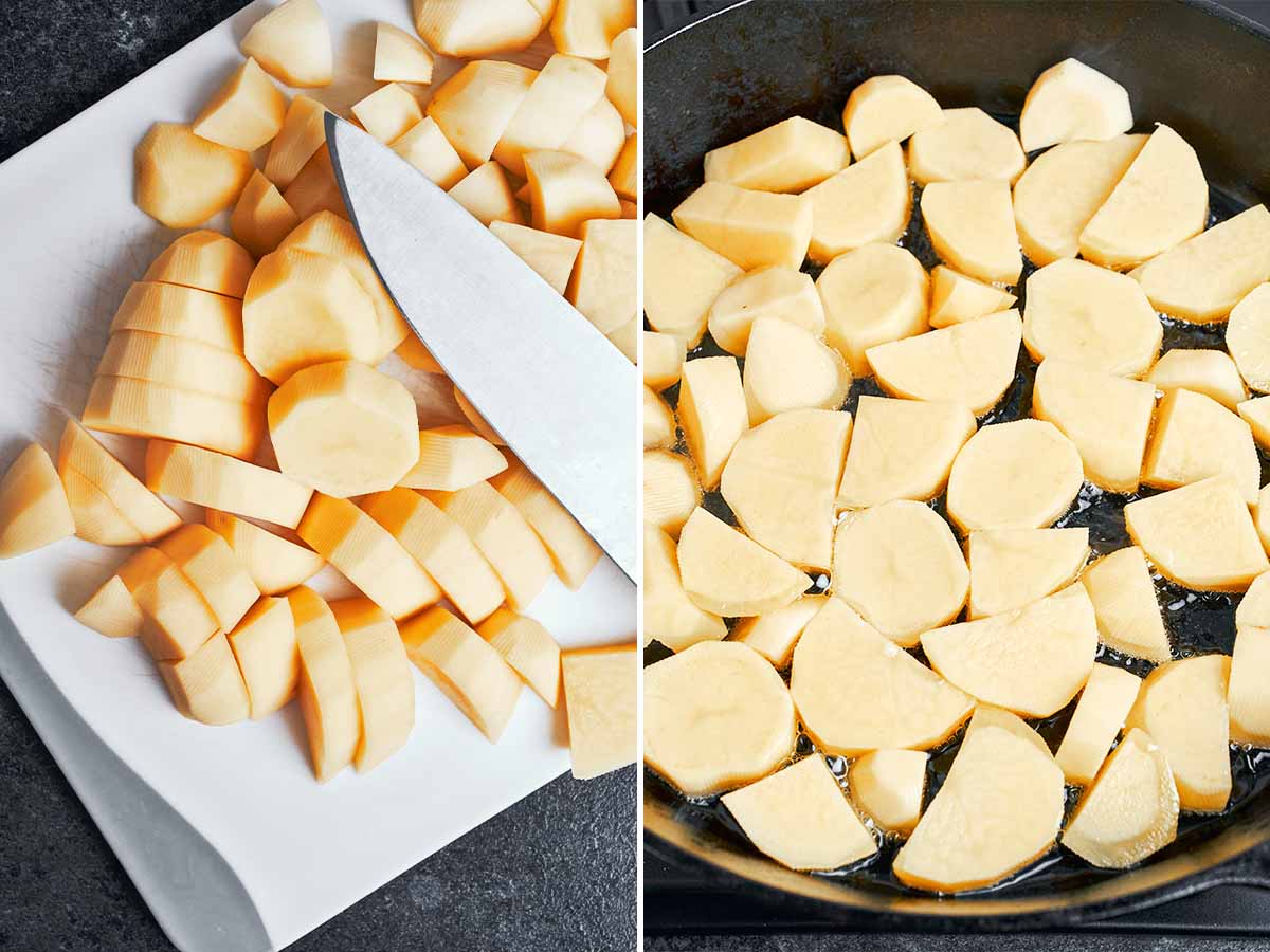Peeled potatoes cut into chunky pieces and added to a hot skillet with oil before browning.