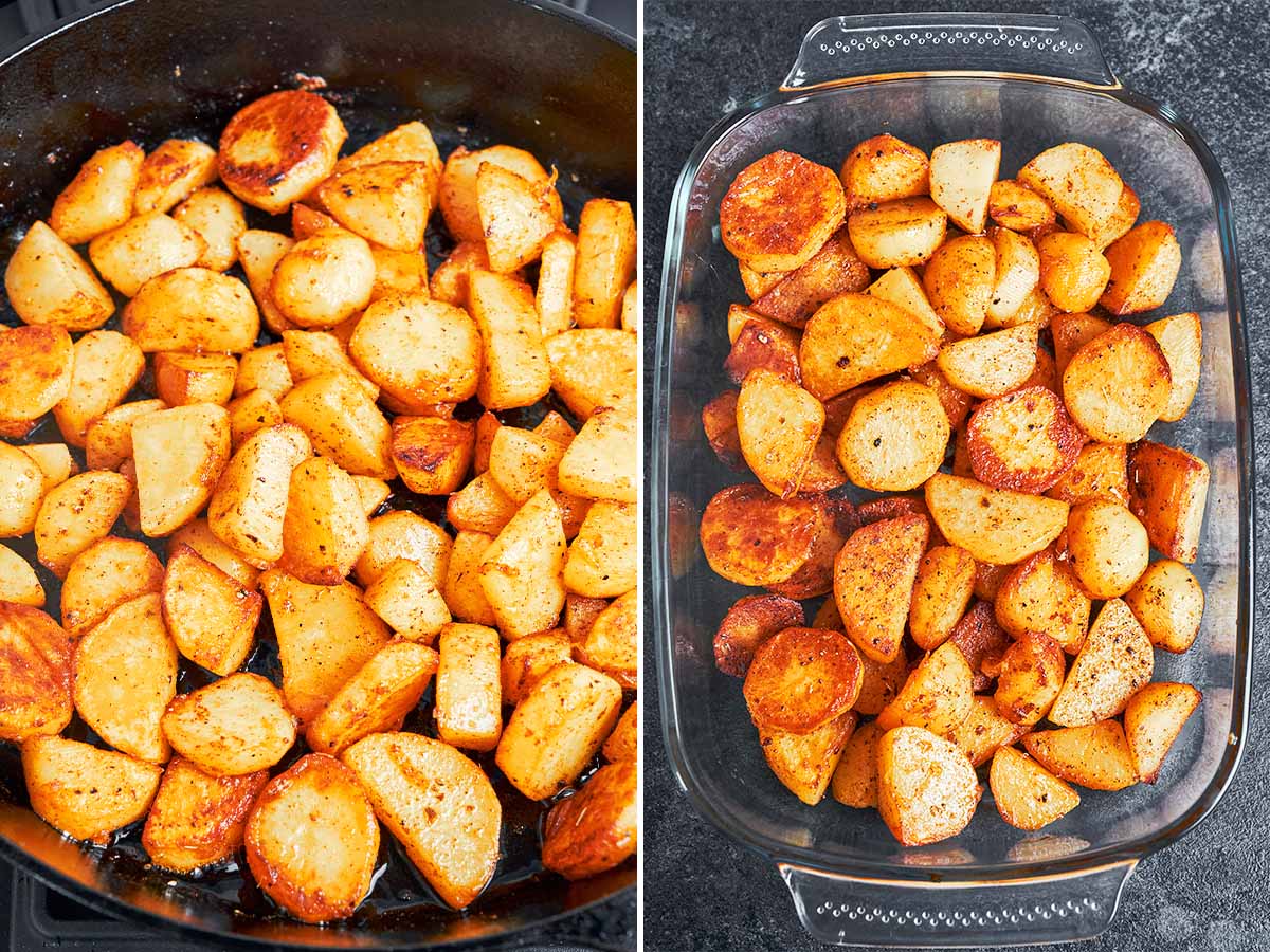 Golden skillet potatoes tossed with paprika and oregano, then spread into the baking dish for the next layer.