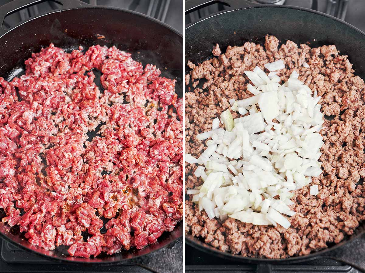 Ground beef browning in the skillet, then mixed with chopped onion to build the savory base for the casserole.