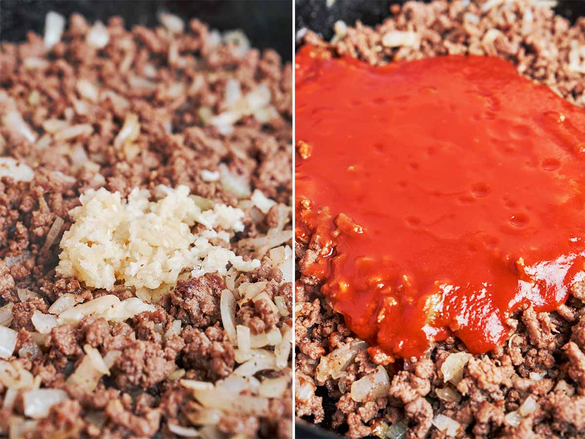 Minced garlic added to the browned beef and onions, followed by smooth tomato passata for the sauce.