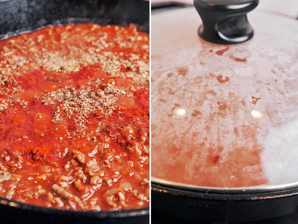 Tomato beef sauce seasoned with paprika, oregano, and black pepper, then covered to simmer until rich and flavorful.