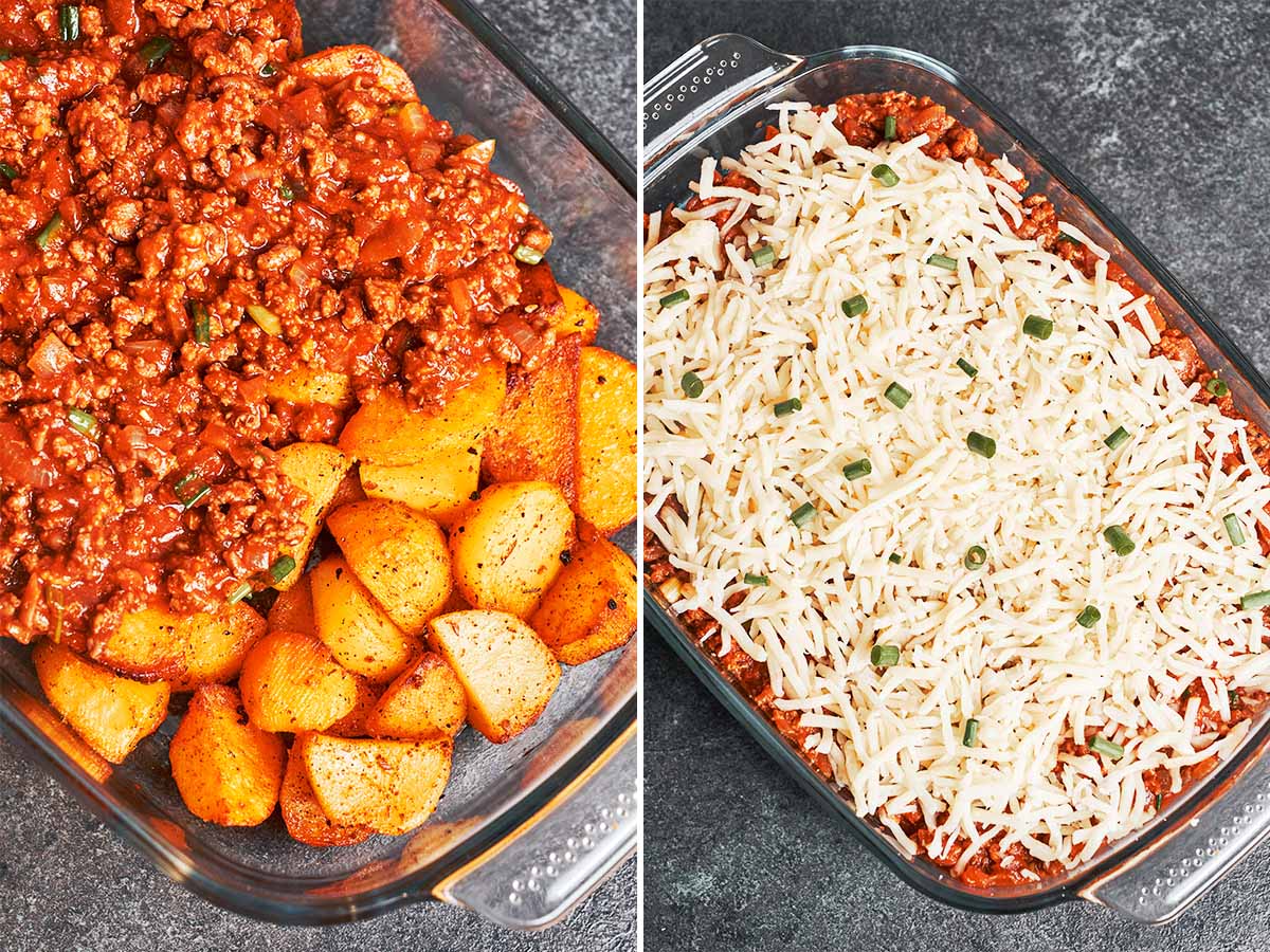 Rich tomato ground beef spooned over the golden potatoes, then topped with a light layer of shredded mozzarella before baking.