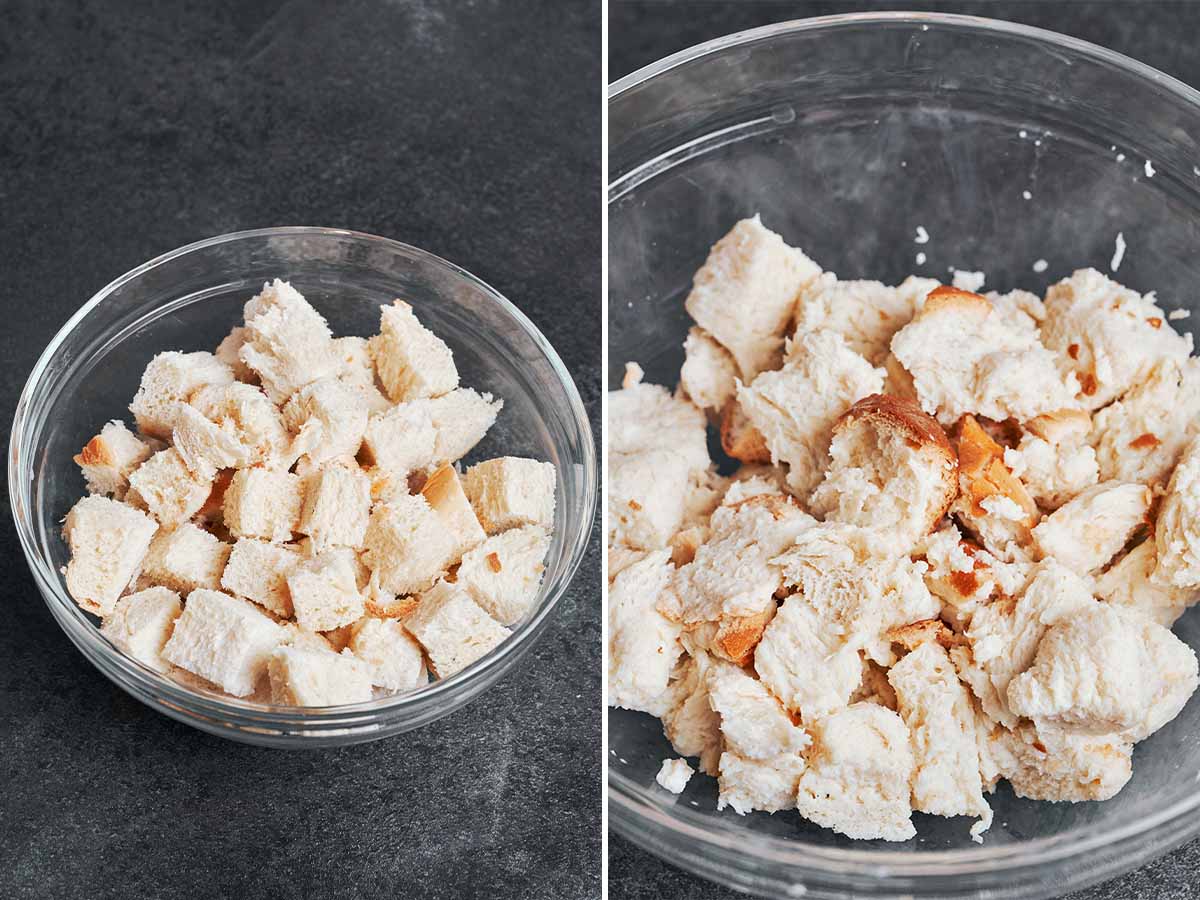 Soft bread cubes before and after soaking in milk for a tender, juicy beef patty mixture