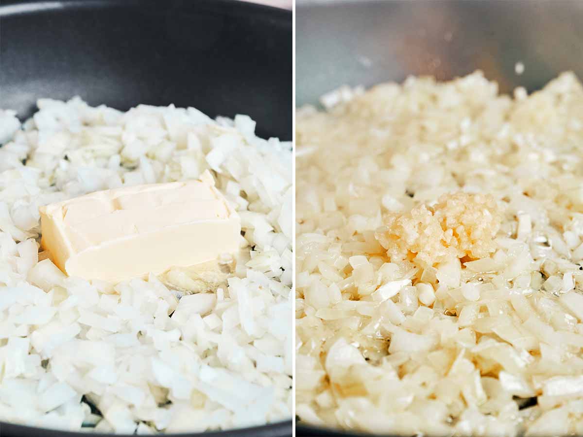 Chopped onions softening in butter before the garlic is stirred in