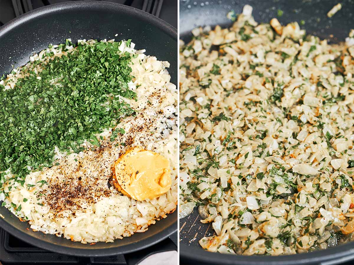 Buttery onion mixture with Dijon, fresh parsley, and black pepper stirred together off the heat