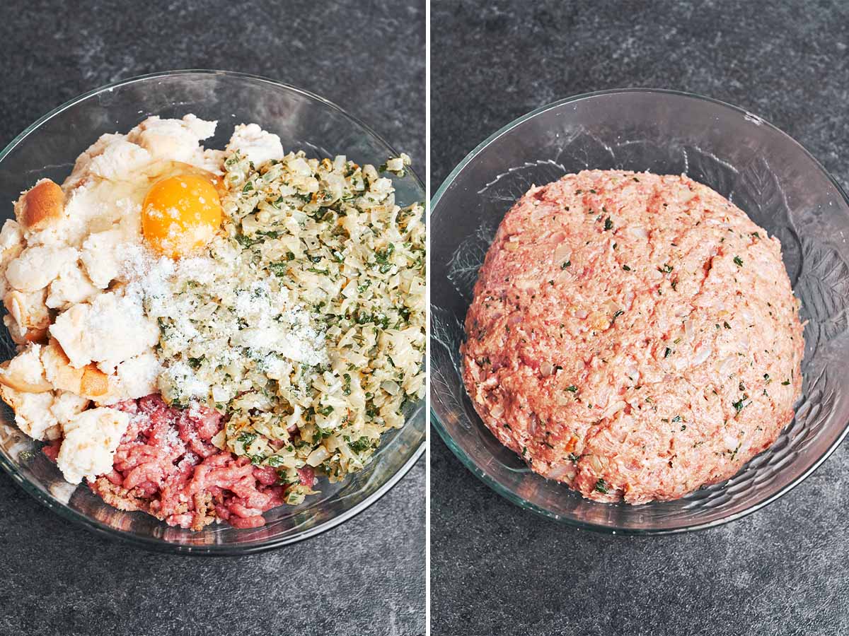 Ground beef, milk-soaked bread, egg, and buttery onion mixture coming together into a soft, well-seasoned patty mixture