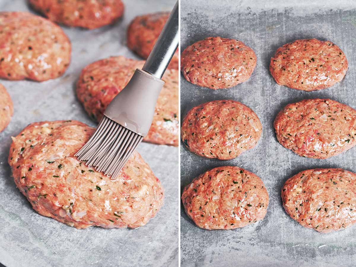 Freshly shaped beef patties brushed with melted butter and ready to go into the oven